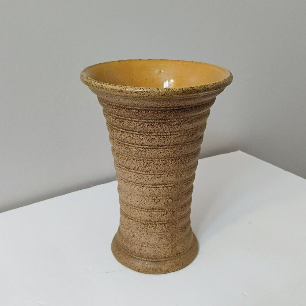 Red Wing Art Pottery Ribbed Vase 132, 7" Textured Tan with Glossy Yellow Inside